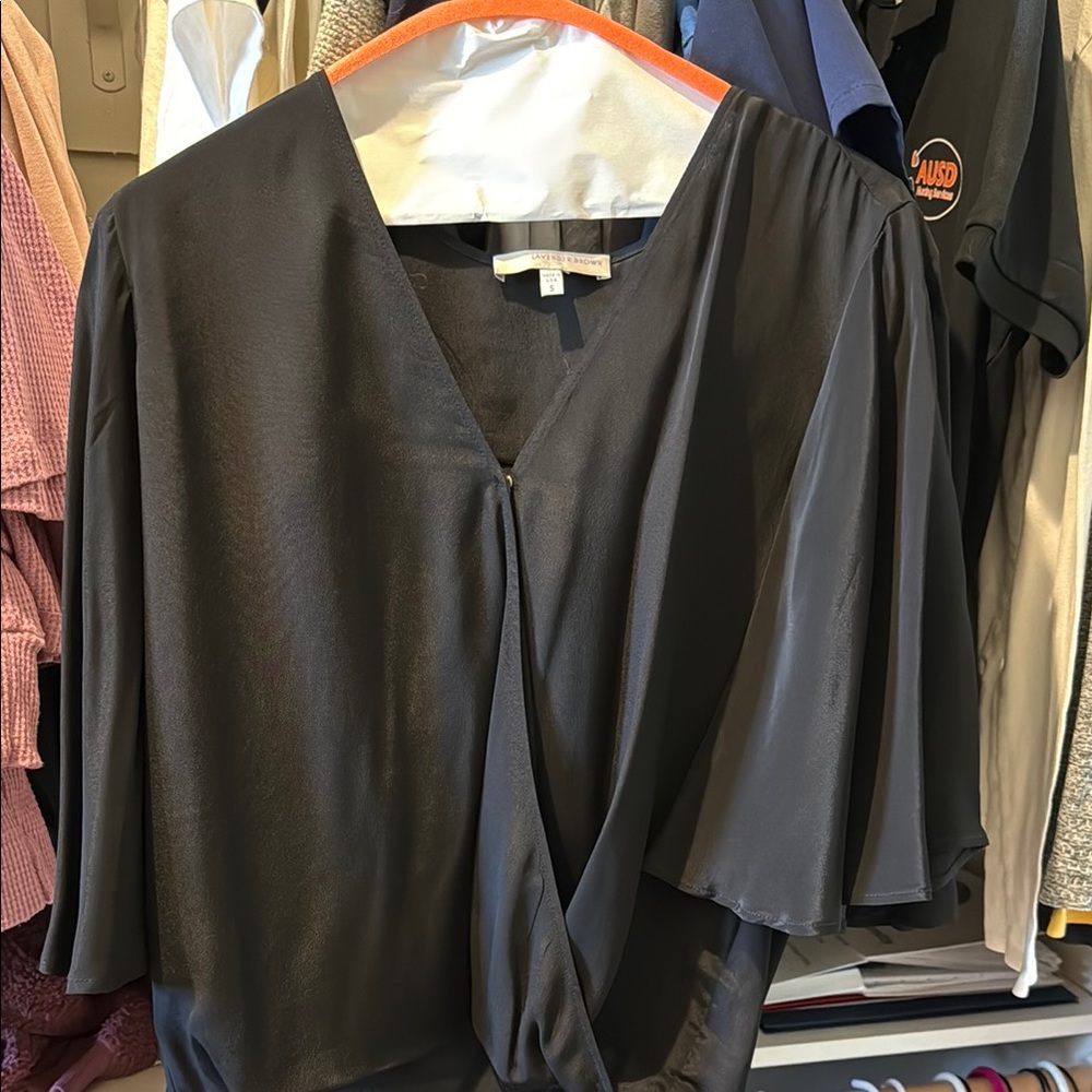 Lavender Brown Black Flutter Sleeve Wrap Blouse